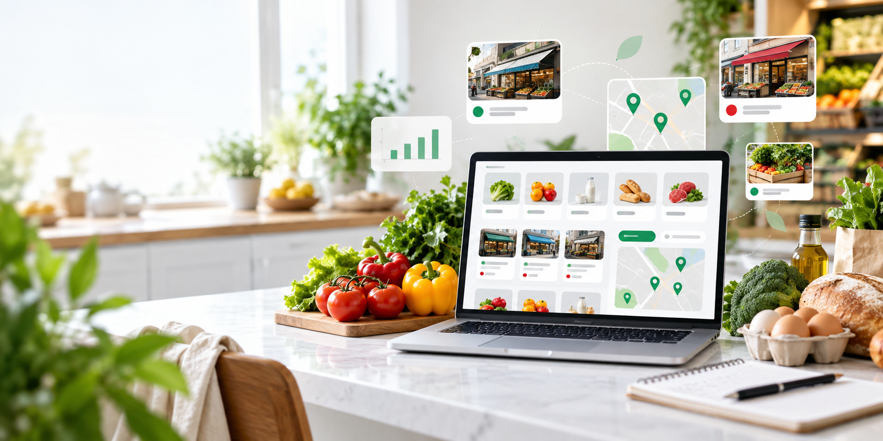 Market ürünleri, kategori kartları ve bölgesel market pinleri bulunan Marketciden.Net tanıtım görseli